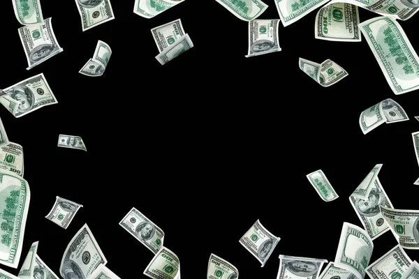 Hromada Peněz Sto Dolarů Ameriky Padající Peníze Izolované Účtovat Černé — Stock fotografie