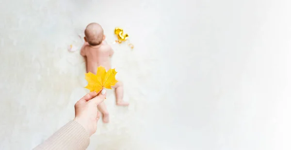 Baby kid cute child banner. Happy cute baby infant girl lying on white bed background. Mother hand holding yellow leaf. Light background. Little child. Serious emotion