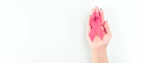 Consciência Cancro Fita Rosa Símbolo Cuidados Saúde Mãos Mulher Fundo — Fotografia de Stock