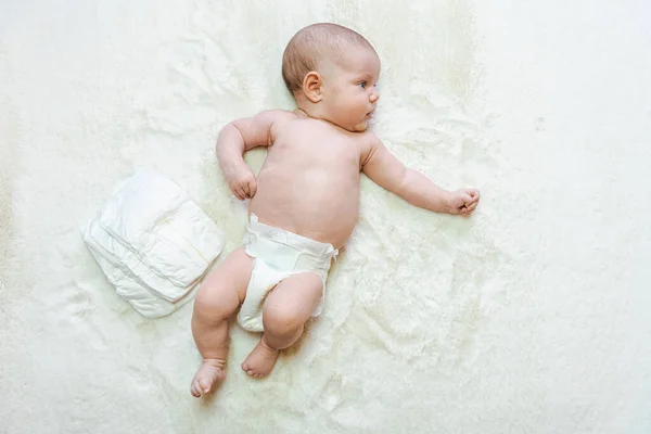 Diaper Baby Newborn Child Banner Child Care White Background Happy — Stock Photo, Image