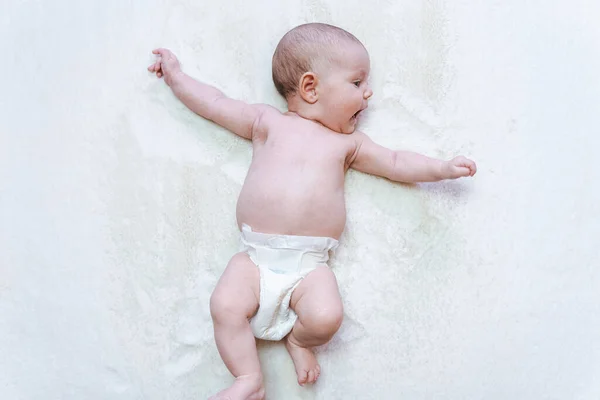 Diaper Girl Newborn Baby Banner Child Care White Background Happy — Stock Photo, Image