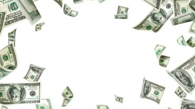 Amerikan doları. Amerikan parası, düşen para. Beyaz arka planda izole edilmiş 100 dolar uçmak