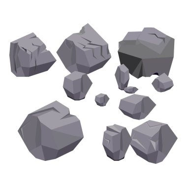 Kaya taşı karikatür vektörü çeşitli şekil ve boyutlarda düz bir şekilde dizilmiş. Gerçekçi kabartmalı taşlar açık hava dekorasyonu için karikatür dekorları.