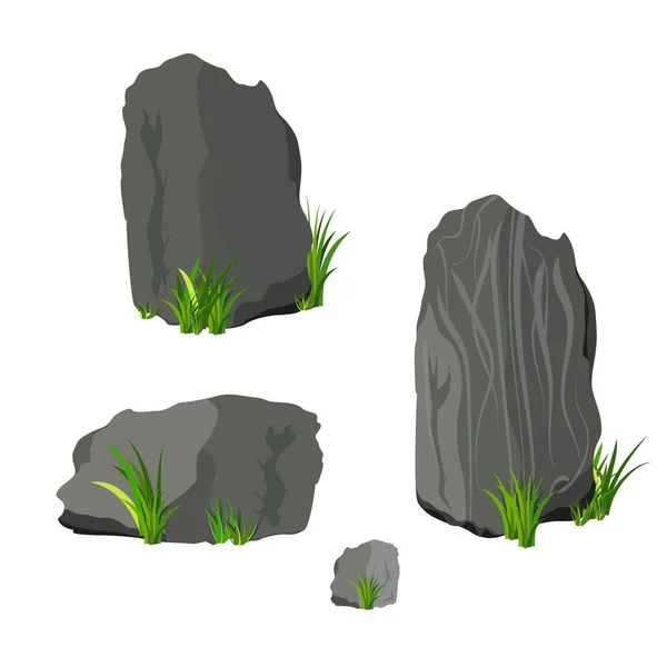 Vector Stein Und Gras Set Cartoon Steine Und Felsen Isometrischen — Stockvektor