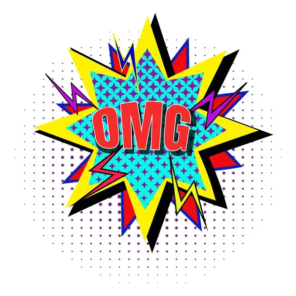 Çizgi roman popart patlama baloncuğu. İfade metni OMG, komik ses efekti. Tasarım ve karikatür malzemeleri için vektör OMG pop art vintage yarım tonlu patlama