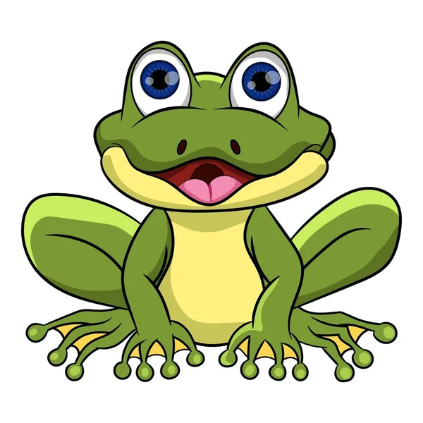 Şirin gözlü, gülümseyen ve ön tarafta oturan bel çizgi film kurbağası. Beyaz arkaplanda vektör çizimi izole edildi. Çizgi film aksesuarları, doğa dekorasyonu ve oyun devi karakteri için iyidir.