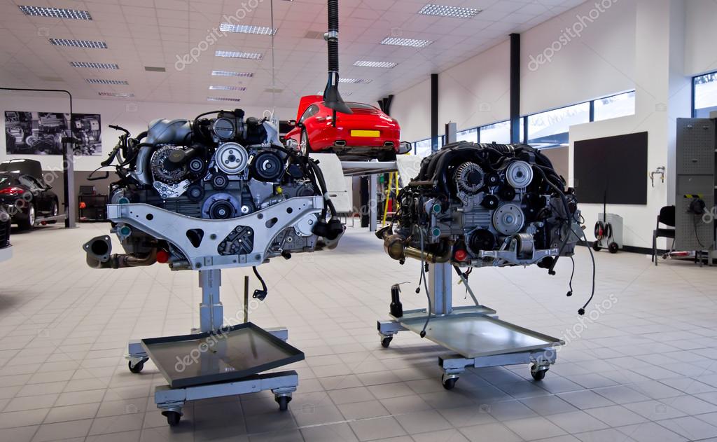Two engine from porsche inside in workshop