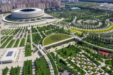 Krasnodar, Rusya - 10 Haziran 20121: FC Krasnodar ve Krasnodar City Park Stadyumu. Drone hava fotoğrafçılığı.