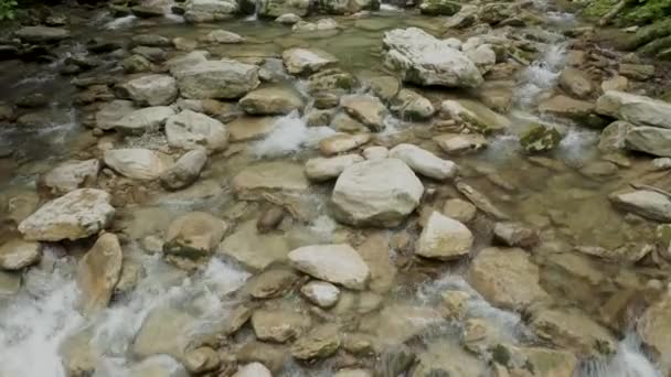 Limpia el agua fría que fluye a través de las piedras de las rocas. La cámara vuela muy cerca del agua. — Vídeos de Stock