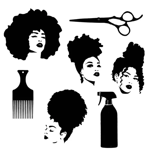 Preto Encaracolado Afro Cabelo Ícone Definido Cabeleireiro — Fotografia de Stock