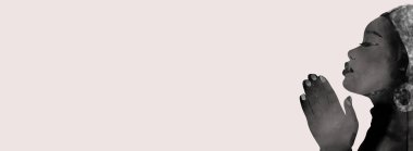 Elleri bağlı dua eden Afrikalı bir kadın. Suluboya resim Hıristiyanlık