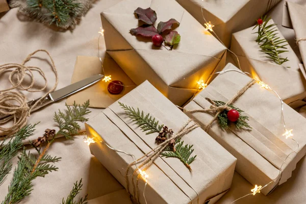 Four Christmas Gift Boxes Trendy Kimono Style Eco Friendly Materials — 图库照片