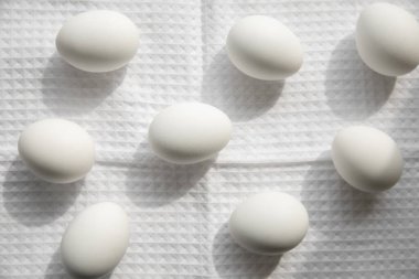 Beyaz waffle havlusunda sekiz beyaz tavuk yumurtası. Mutfak hala hayat, yemek pişirme konsepti, güneş ışığı
