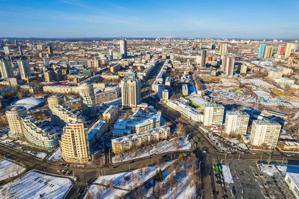 Güneşli Bir Günde Kış Mevsiminde Yekaterinburg Hava Panoramik Manzarası Ekaterinburg — Stok fotoğraf