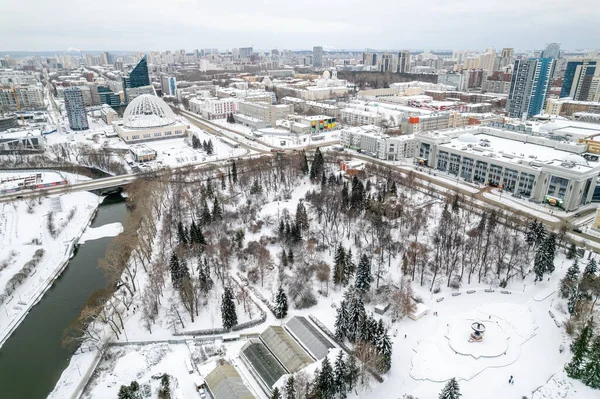 Yekaterinburg aerial panoramic view at Winter in cloudy day. Ekaterinburg is the fourth largest city in Russia located in the Eurasian continent on the border of Europe and Asia. Yekaterinburg, Russia