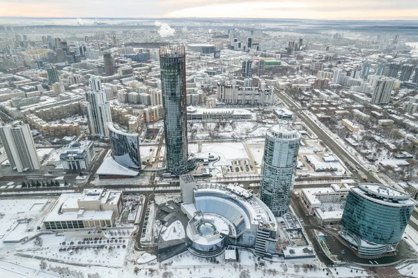 Günbatımında Yekaterinburg Hava Panoramik Manzarası Yekaterinburg Şehri Kışın Gölet Yekaterinburg — Stok fotoğraf