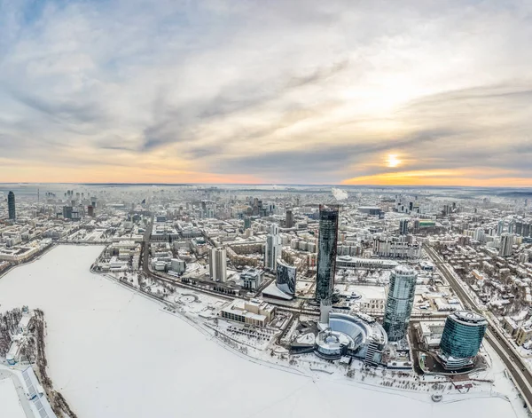 Yekaterinburg Aerial Panoramic View Winter Sunset Yekaterinburg City Pond Winter — Stock Photo, Image