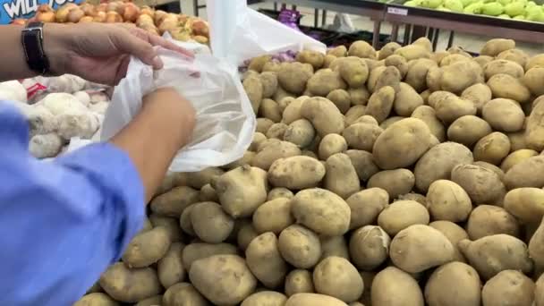 Gros Plan Homme Choisissant Des Pommes Terre Mettre Dans Sac — Video