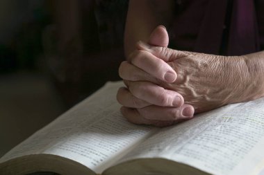 Üst düzey kadın ellerini açık İncil 'e koyup dua ederken yaklaş..