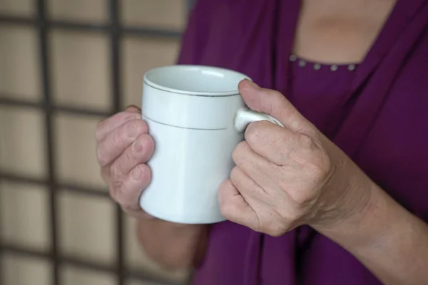 Senior Woman Holding Cup Hot Coffee Drink Her Hands Close — Stock Photo, Image