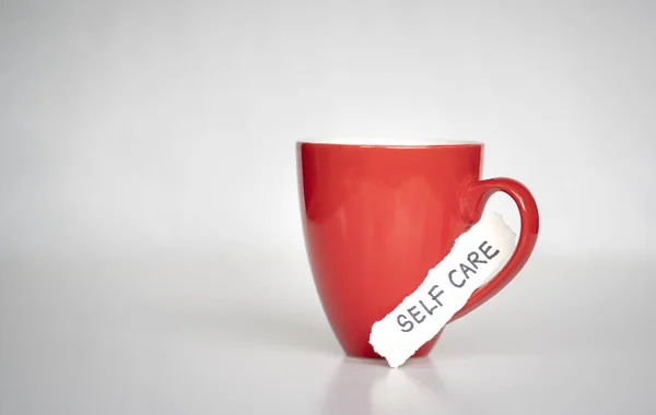 Self Care Text Piece Paper Red Cup Self Care Love — Stock Photo, Image