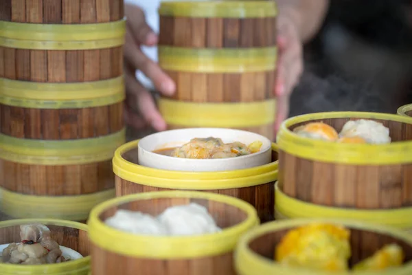 Dim Sum Dampfer Einem Chinesischen Restaurant Nahaufnahme — Stockfoto