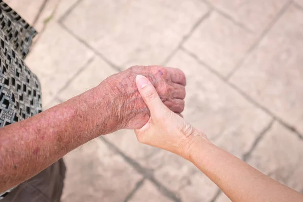Woman Hand Holding Senior Man Hand Care Elderly Concept — Stock Photo, Image