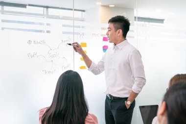 Antrenör, Asya kökenli biri beyaz cam tahtada seyircilere sunum yapıyor..