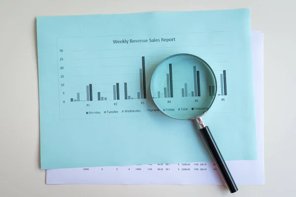 Magnifying glass on top of sales revenue report with charts. Top view. Business performance concept.