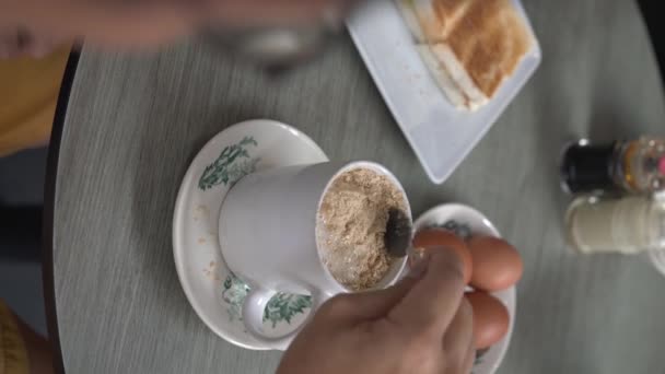 Man Stirring Hot Oat Drinks Having Healthy Breakfast Cafe — 비디오