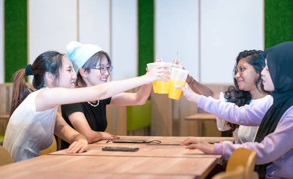 Group Happy Multi Ethnic Girl Friends Toasting Drinks Celebration Restaurant — Stock Photo, Image