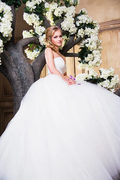 Beautiful blonde bride in a luxurious wedding dress in interior — Stock Photo, Image
