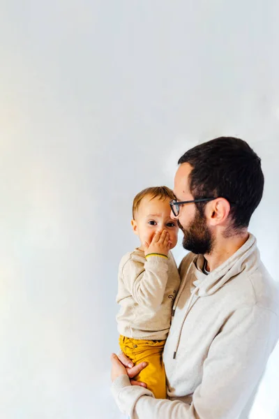 Daddy His Surprised Son Covering His Mouth Arms White Background — Stock Photo, Image