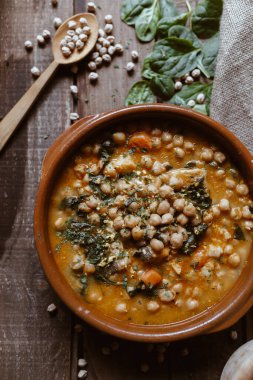 Vegan food. Chickpeas with chard. Potaje is a typical Spanish food