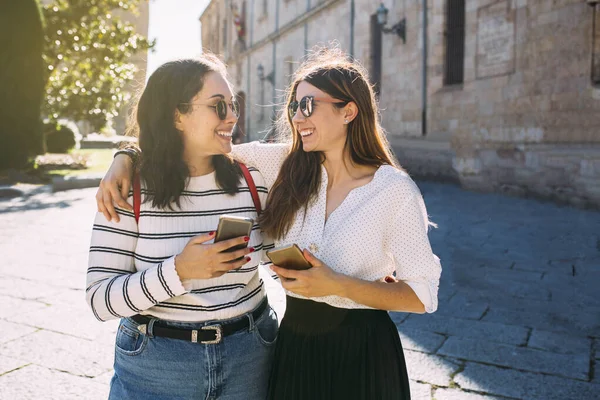 Two Women Friends Visiting Ancient City Spain Salamanca Holding Her — Foto de Stock