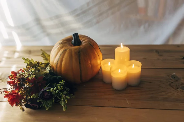 Halloween Pumpkin Flowers Candles — Stock Photo, Image