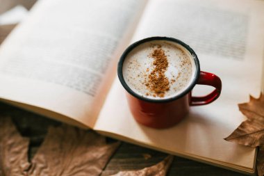 Sütlü kahve. Sonbaharda kitap okuyorum. Sonbahar yapraklı ahşap masa. Sabah rutini kakao ve tarçına odaklan..