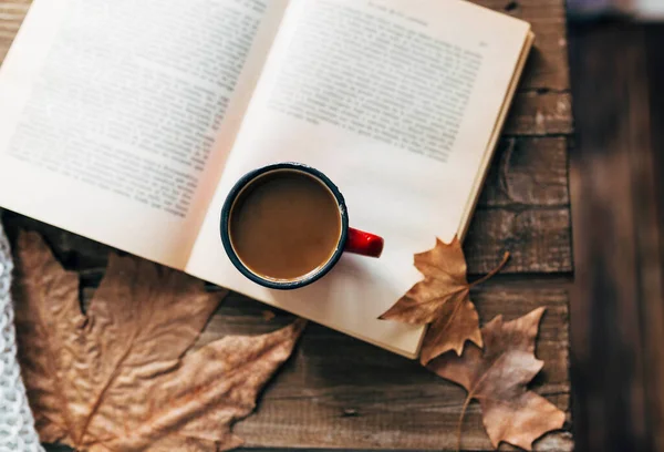 Coffee Milk Reading Book Autumn Morning Routine Wooden Table Autumnal Royalty Free Stock Photos