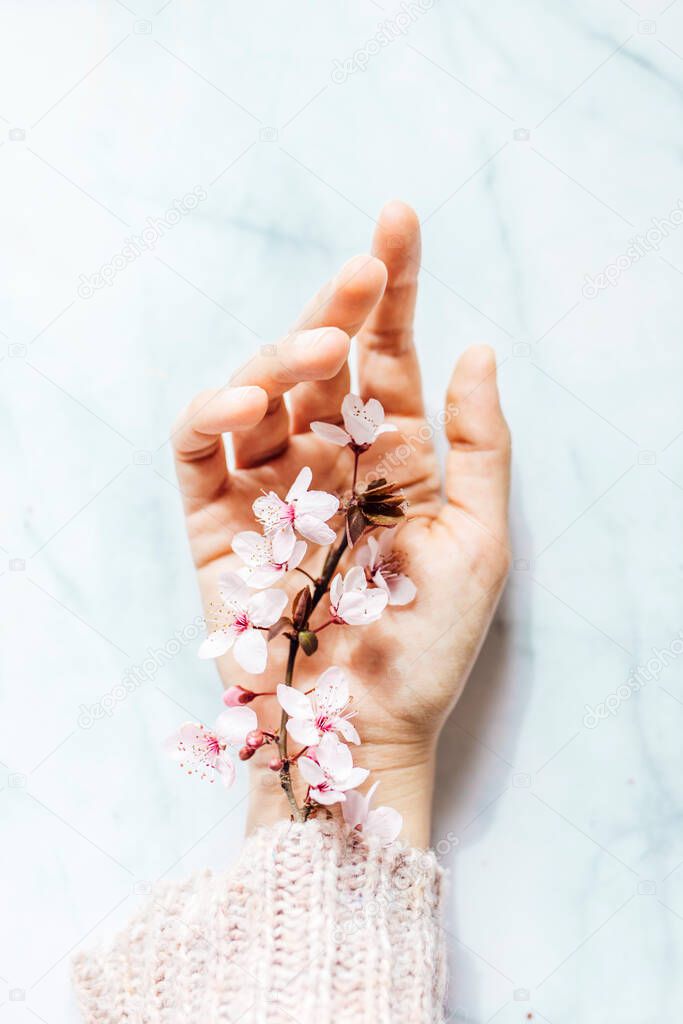 Female hand with pink almond flowers coming out of the sleeve on marble background. Spring concept.