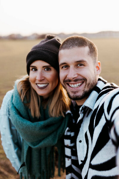 Couple Taking Selfie Photo Countryside Sunset Focus Man Stock Picture