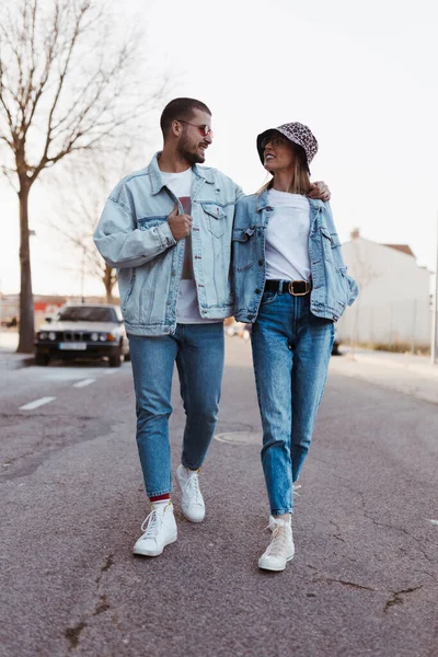 Stylish Vintage Young Couple Walking Road Looking Each Other Denim Stock Image