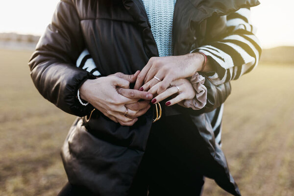 Couple Holding Hands Engagement Rings Royalty Free Stock Images