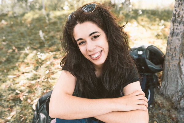 Happy Female Nature Sitting Resting Her Motorcycle Route Her Helmet Royalty Free Stock Photos