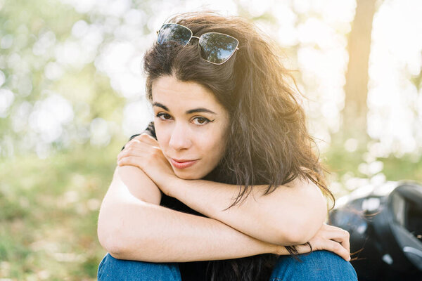 Young Woman Nature Sitting Resting Her Motorcycle Route Her Helmet Stock Image