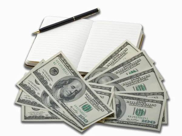 Notebook with black pen and 100 dollar banknotes — Stock Photo, Image