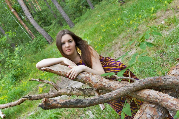 Triest mooie vrouw liggen op de logs — Stockfoto