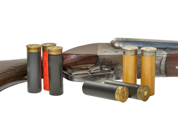 Two trigger old shotgun isolated with cartridges — Stock Photo, Image