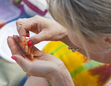 taze pişmiş karides kadınlar el