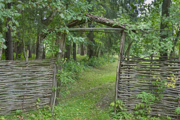 Houten poort en rieten hek — Stockfoto