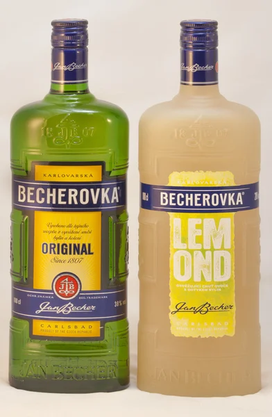 Karlovarska Becherovka bottles against white — Stock Photo, Image